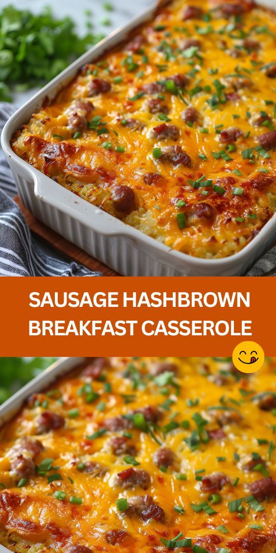 sausage hashbrown breakfast casserole in a white baking dish