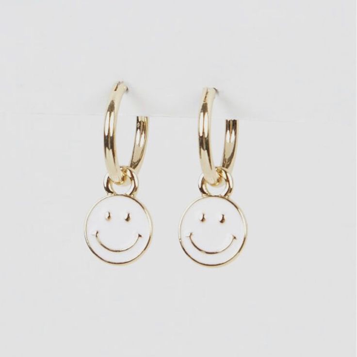 Gold And White Smiley Face Earrings Trendy Single White Earring, Trendy White Single Earring, Trendy White Dangle Earrings, Playful White Jewelry With Ear Wire, Playful White Nickel-free Earrings, Cute White Hoop Earrings, White Hoop Earrings Summer Gift, White Hoop Earrings For Summer Gift, White Hoop Earrings As Summer Gift