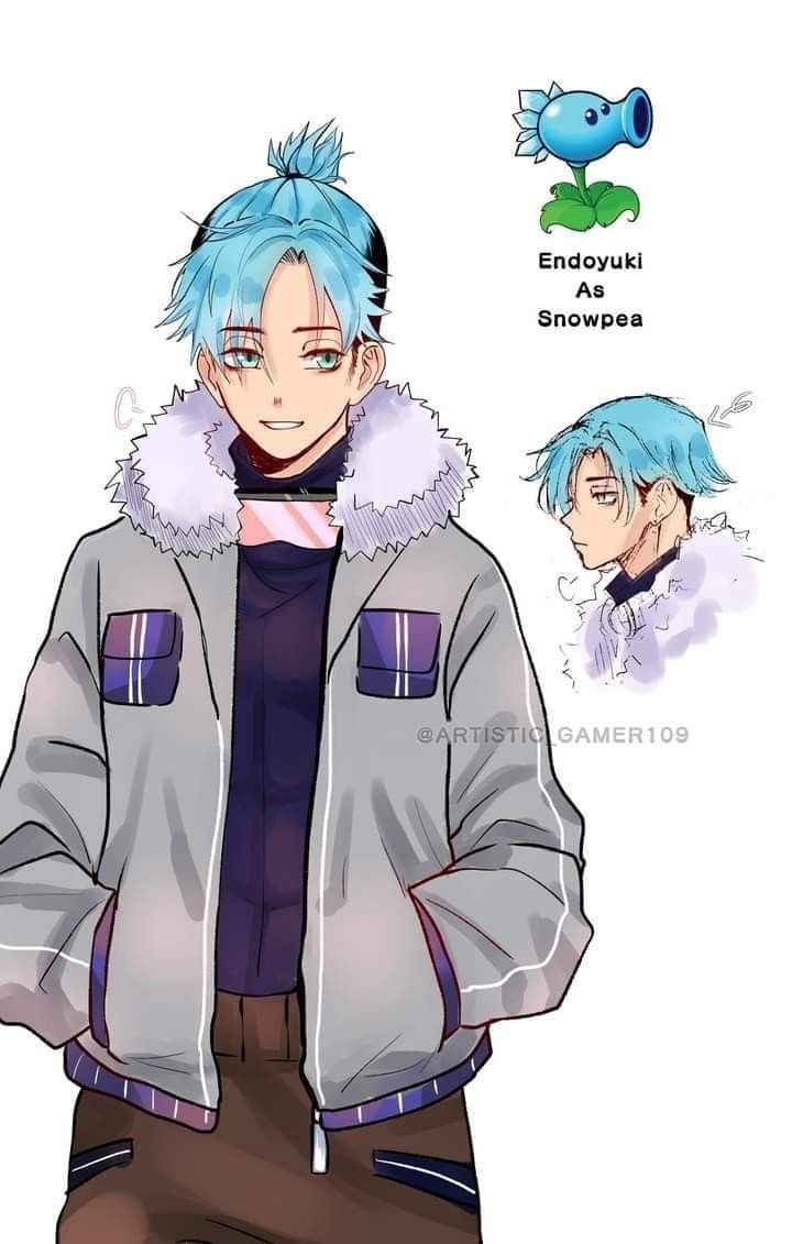 an anime character with blue hair wearing a gray jacket