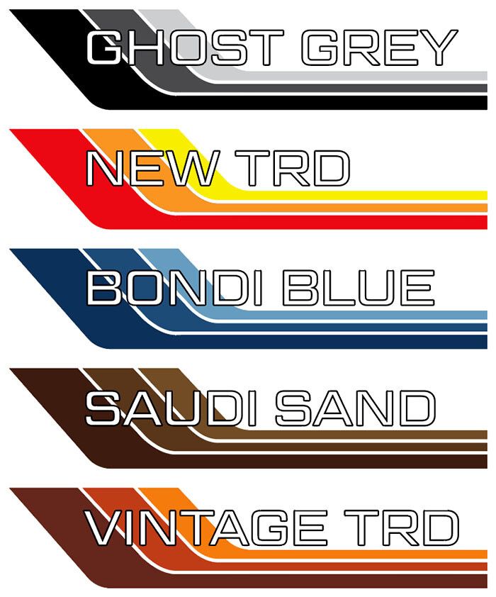 four different colored lines with the words ghost grey, new trd, bond blue, sand