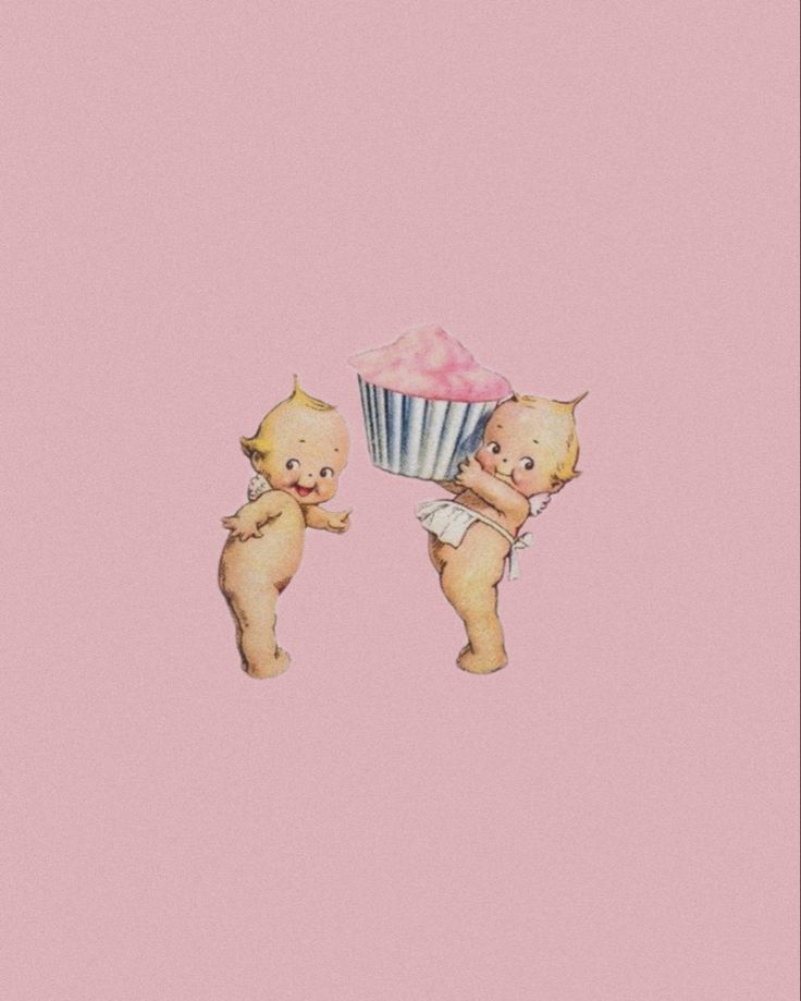 two baby bears holding a cupcake on a pink background