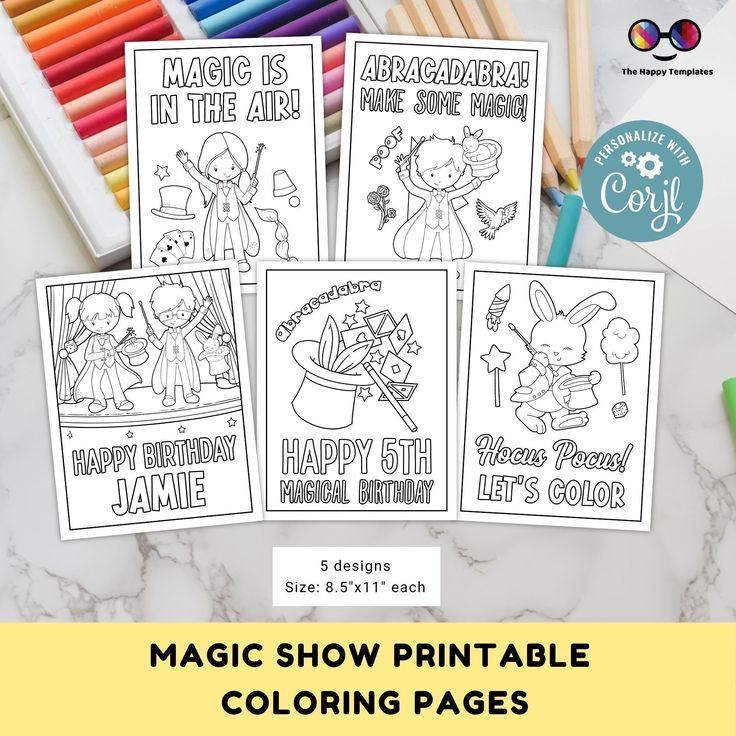 four coloring pages with the text magic show printable coloring pages on them and colored pencils next to it