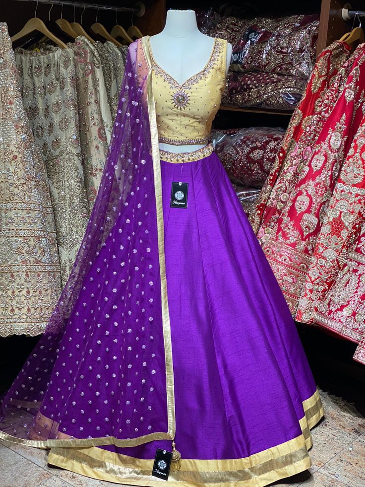 Violet purple skirt paired with contrasting golden zardozi and stone work blouse and net sequins butti dupatta. Fabric: Raw Silk This outfit can be customized in multiple colors and specific to client measurements. 90 days of production time is required and are for bulk orders only! Orders are processed in store only! Final fittings/alterations not included. Minimum Order Quantity- 4 pieces Bridesmaids Lehenga, Stone Work Blouse, New Lehenga, Bridesmaid Lehenga, Purple Bridesmaids, Purple Skirt, Violet Purple, Stone Work, Work Blouse