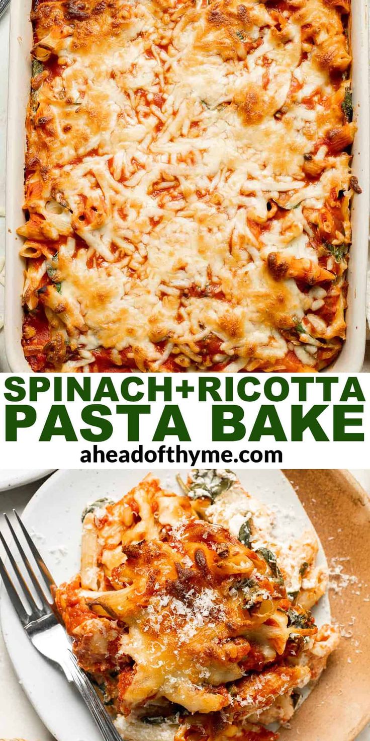 spinach and ricotta pasta bake in a white casserole dish on a plate