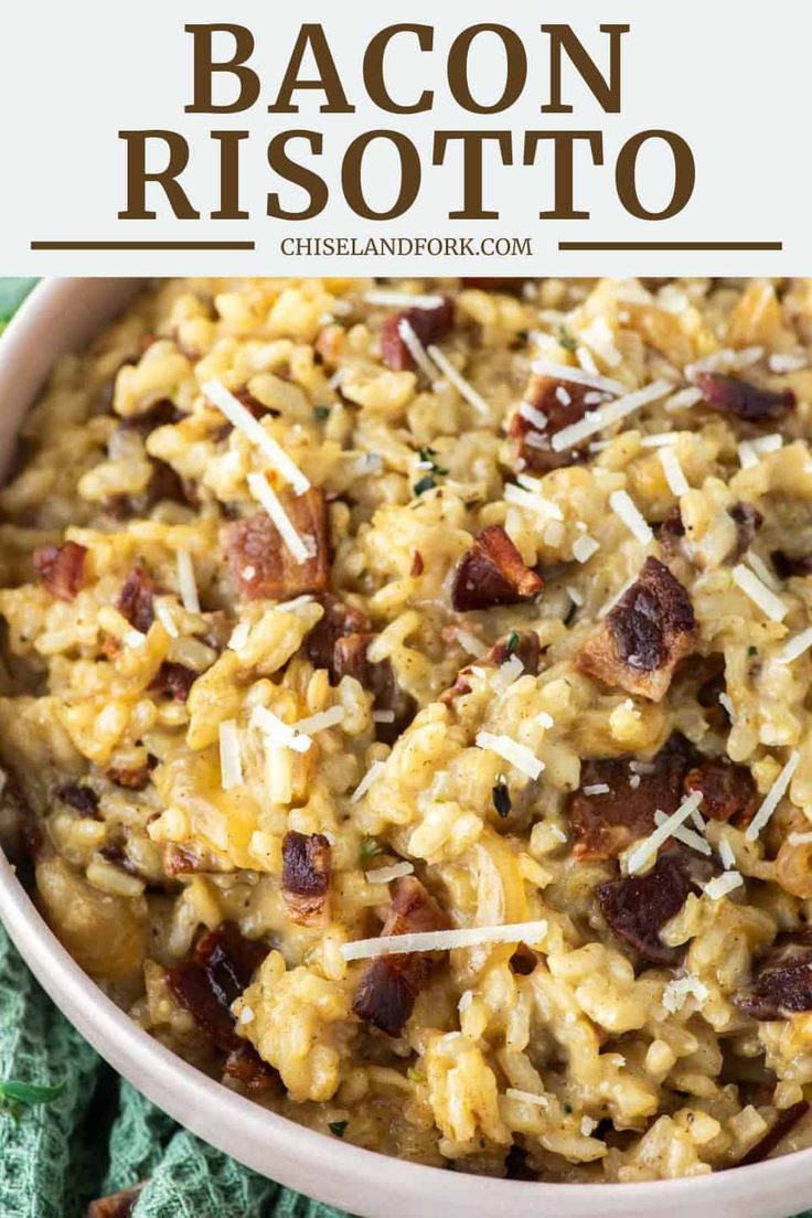 bacon risotto in a bowl with cheese on top