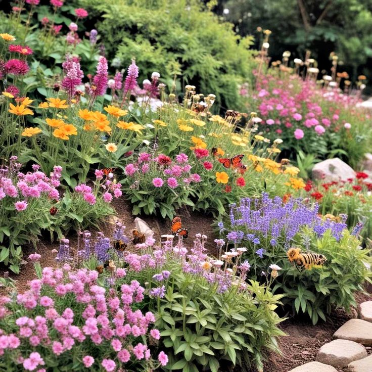 many different colored flowers and plants growing on the side of a hill in a garden