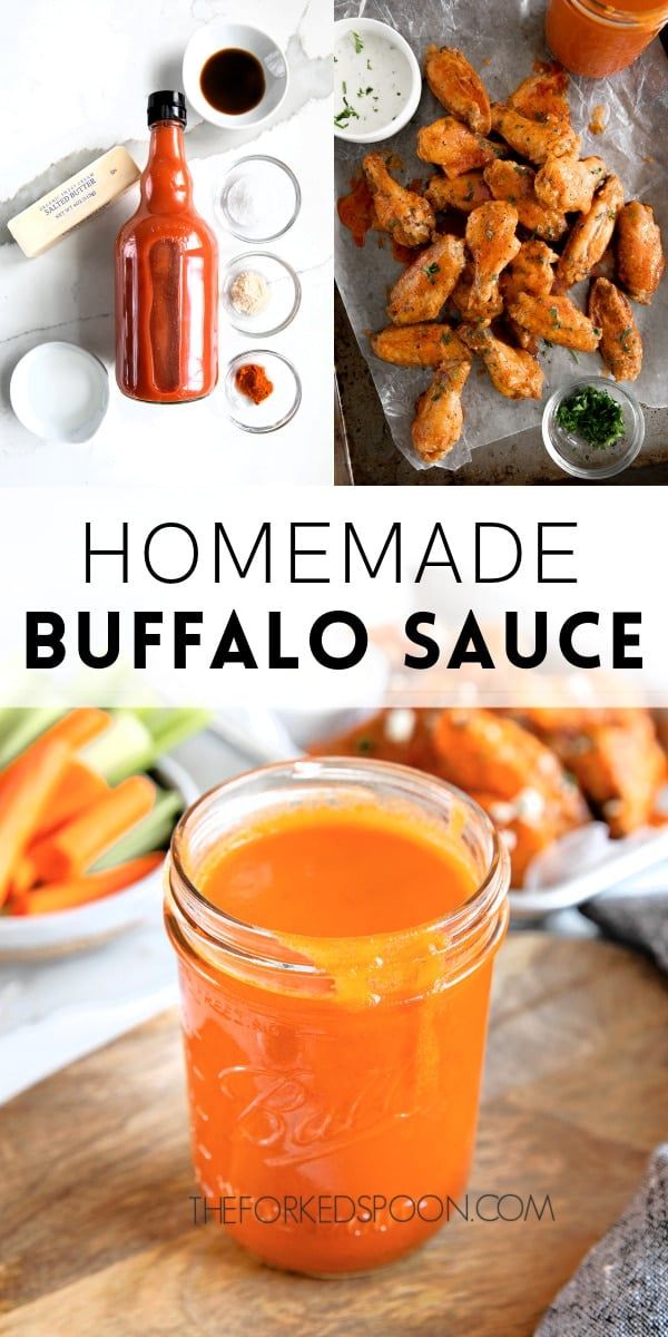 homemade buffalo sauce in a mason jar, with the recipe title above it and ingredients