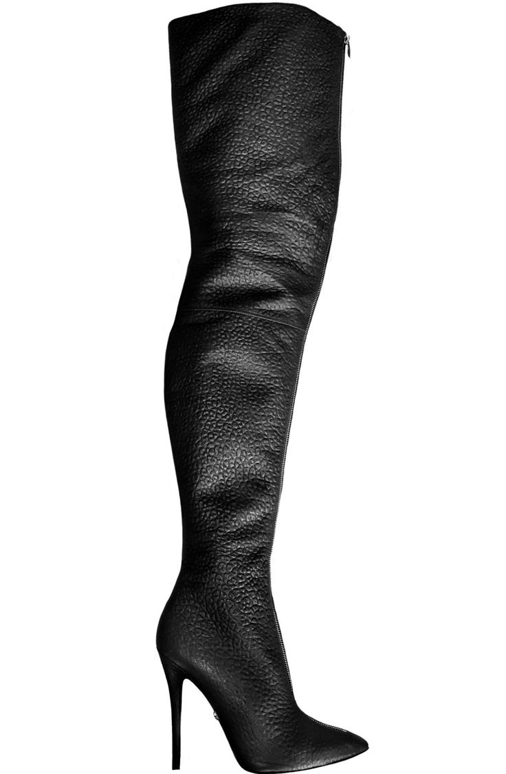 Also Available: splitcolors Description *Please review the below measurements before ordering. You may want to look at Blair Wide as well as they are meant to fit loose on the thigh. Create an elongated look this winter with a bold zipper running from thigh to toe. Set on a slim stiletto heel these boots make for an elegant gait. We love wearing these over skinny jeans and an oversize long sweater or button down shirt. They have been carefully crafted in Italy from a bubble textured non-stretch Elegant Socks, Leather Thigh Boots, Sandals Luxury, Leather Thigh High Boots, Designer High Heels, Thigh Boot, Fringe Boots, Long Sweater, Thigh High Boots