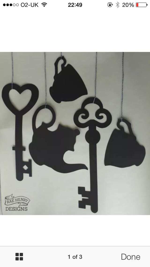 the silhouettes of cats and keys are hanging from chains