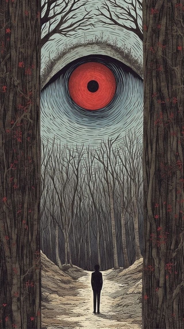 a man standing in the middle of a forest with an evil eye on his face