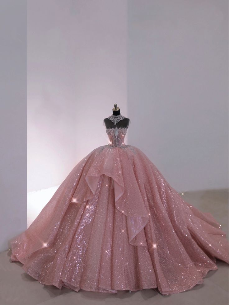 Pink Sparkly Ball Gown, Poofy Prom Dresses Princesses, Quinceanera Dresses Glittery, Pink Ball Gowns, Pink Quince Theme, White Quince Dresses, Pink Quinceanera Dresses, Debut Gowns, Debut Dresses