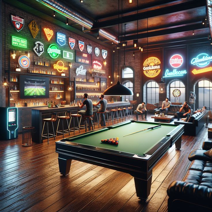 Step into a modern and masculine man cave featuring a neon-edged pool table, wall-mounted TV, high-tech gaming station, and stocked mini-bar. An elegant leather sofa, dartboard, vintage jukebox, and neon signs contribute to the room’s relaxed, nostalgic vibe. #ManCaveIdeas #HomeBars #GameRoom #PoolTable #SportsLounge #GamingStation Billard Club Design, Masculine Man Cave, Garden Summerhouse, Bar Pool Table, Bars Ideas, Billiards Bar, Modern Man Cave, Masculine Man, Snooker Room