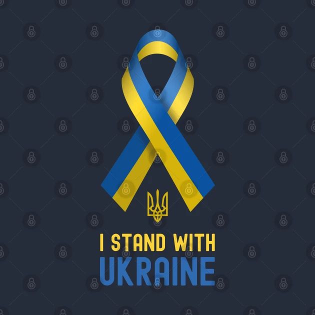 a blue and yellow ribbon with the words i stand with ukraine in it on a dark background