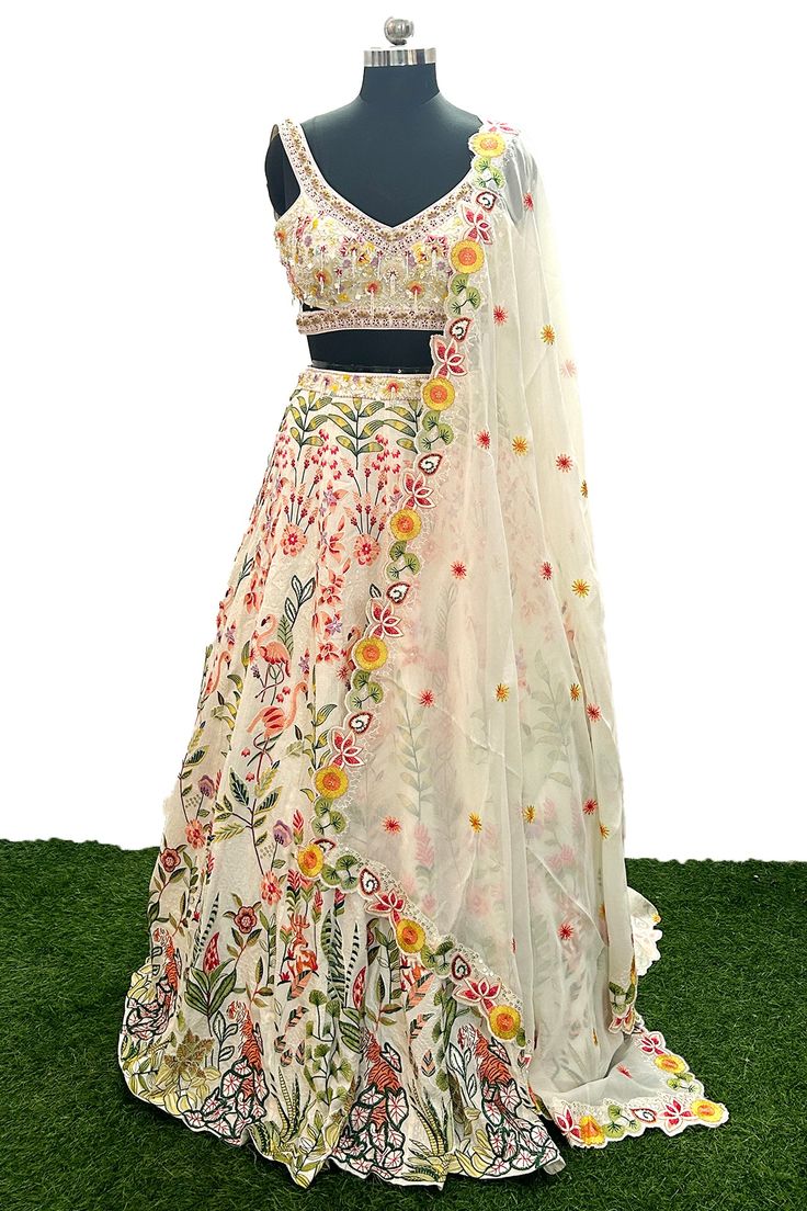 Lehenga Embroidery Stones, Lehenga Embroidery, Ivory Lehenga, Sequence Blouse, Indo Western Gown, Kurtis Tops, Saree Petticoat, Full Sleeve Blouse, Lehenga Fabric