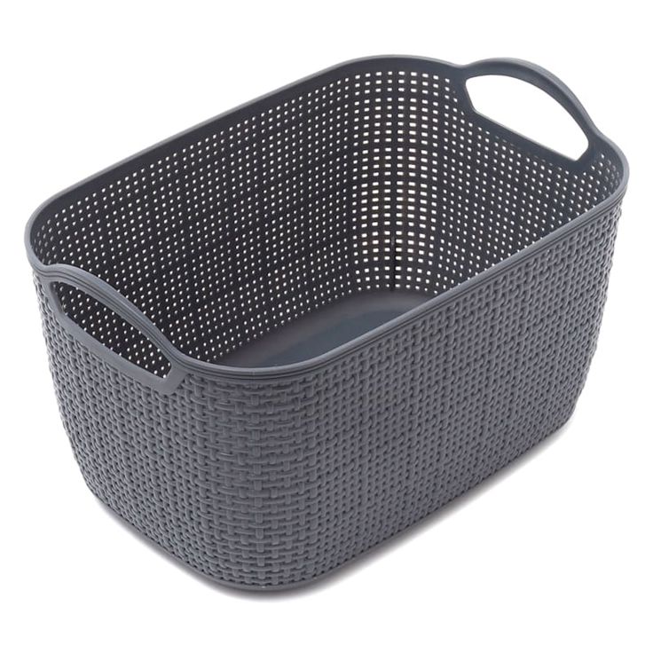 a large gray basket with handles