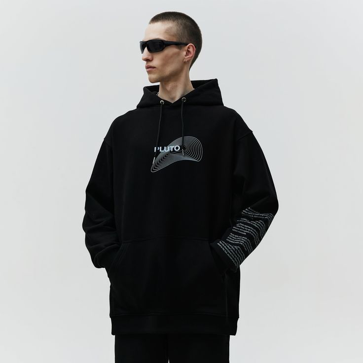 Oversized unisex hoodie is made from 100% cotton, ensuring a soft and comfortable feel against the skin. It features a stylish print in the PLUTO edition that adds a touch of individuality to the design. Material: 100% cotton three thread Model wears: L sizeModels height: 187 cm Oversized Black Hoodie With Letter Print, Modern Streetwear Hoodie With Ribbed Cuffs, Oversized Black Hoodie With Adjustable Hood, Modern Hooded Hoodie For Streetwear, Modern Black Sweatshirt With Drawstring Hood, Modern Hooded Sweatshirt For Streetwear, Modern Sweatshirt With Adjustable Hood For Streetwear, Modern Long Sleeve Hoodie For Streetwear, Modern Adjustable Hood Sweatshirt For Streetwear