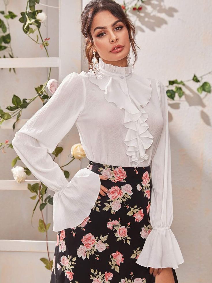 Ruffle Trim Frill Neck Flounce Sleeve Blouse | SHEIN USA Long Blouse Outfit, Ruffle Blouse Outfit, Red Shirt Outfits, Fall Blouses, White Blouse Dress, White Ruffle Shirt, Ruffle Outfit, Happy Dresses, White Ruffle Blouse