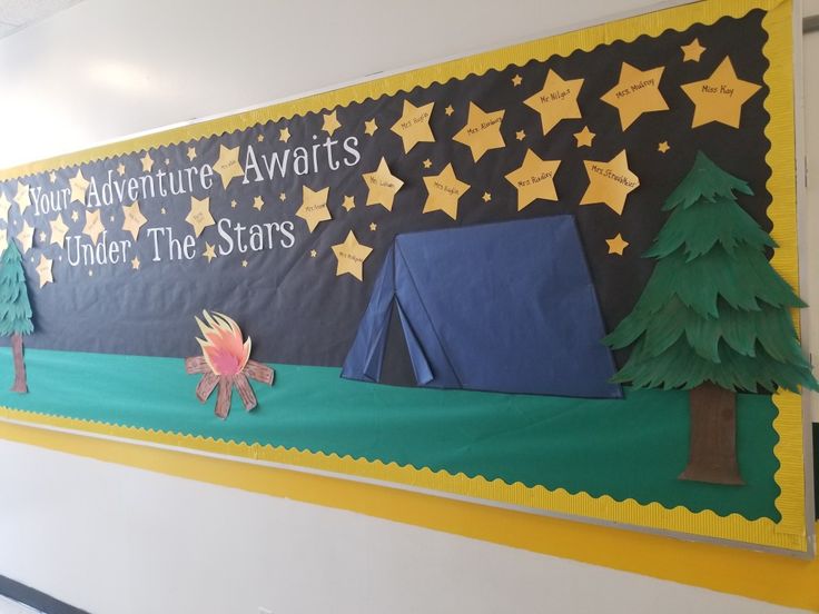 a bulletin board with tents and trees on the wall in front of it that says our adventure awaits under the stars