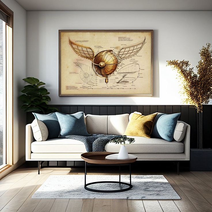 a living room filled with furniture and a painting on the wall