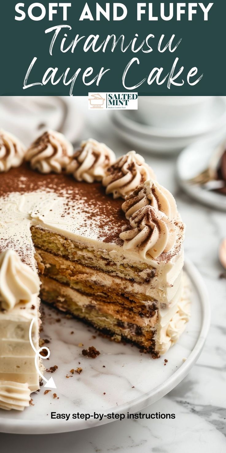 a cake on a plate with the words, soft and fluffy tarnished layer cake