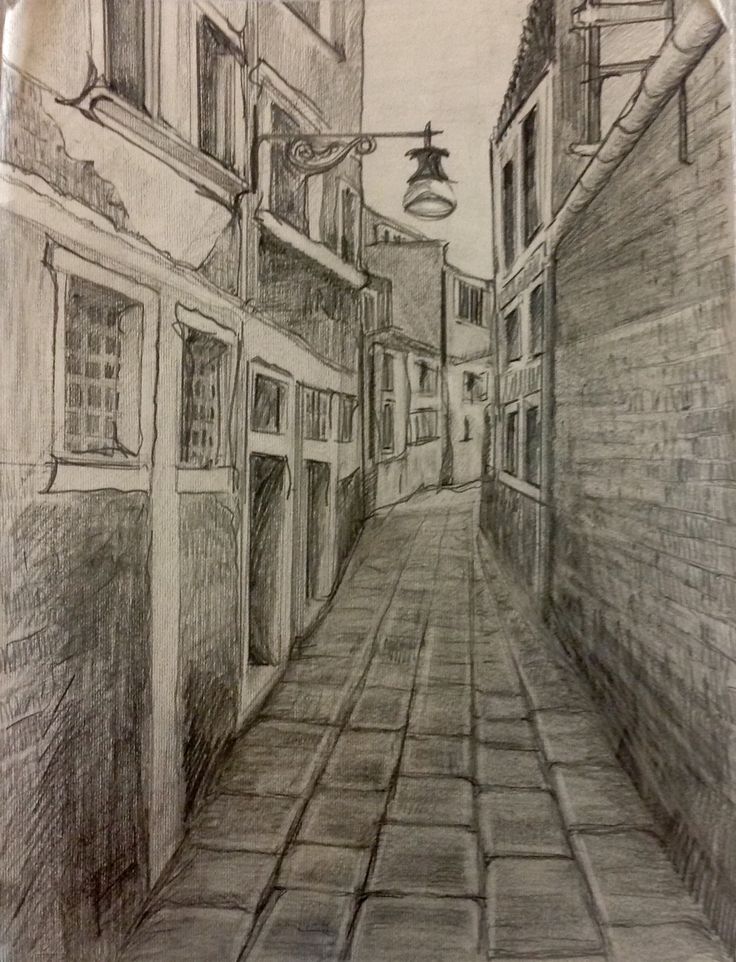 a pencil drawing of an alleyway with buildings and street lights in the distance on a gray background