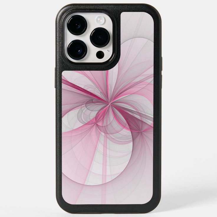 an iphone case with pink and white swirls on the front, in black frame