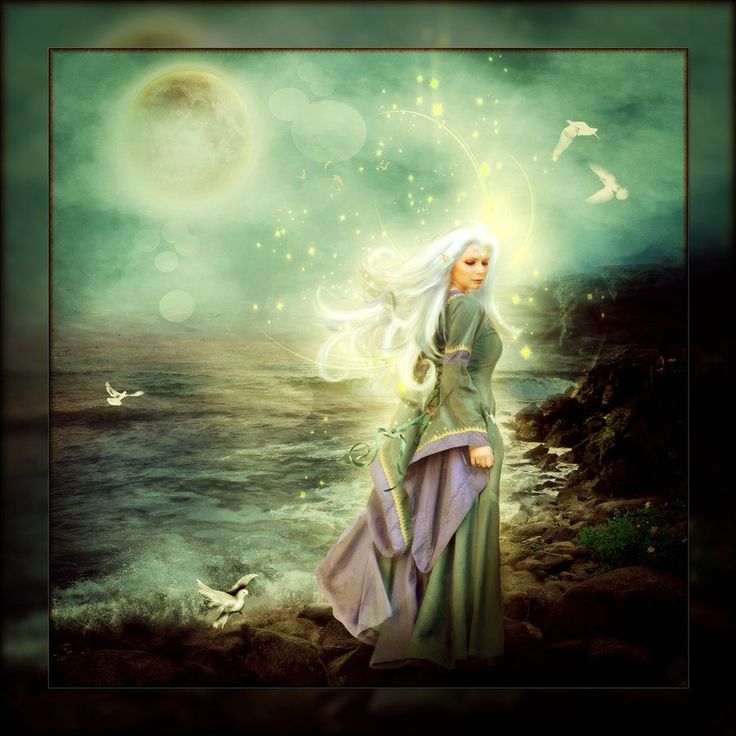 a painting of a woman standing in front of the ocean with birds flying around her