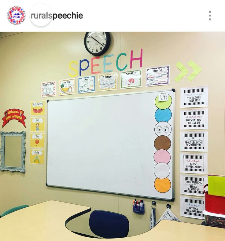 a classroom with a large white board on the wall