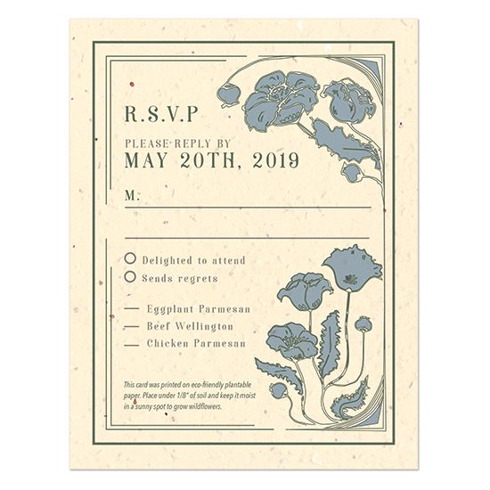 a wedding card with purple flowers on the front and bottom, in green ink that reads rsvp