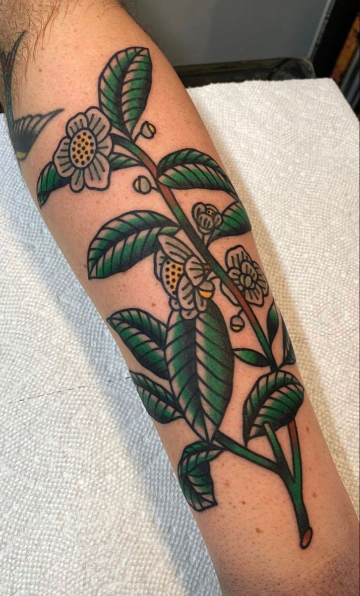 a tattoo with flowers and leaves on the arm