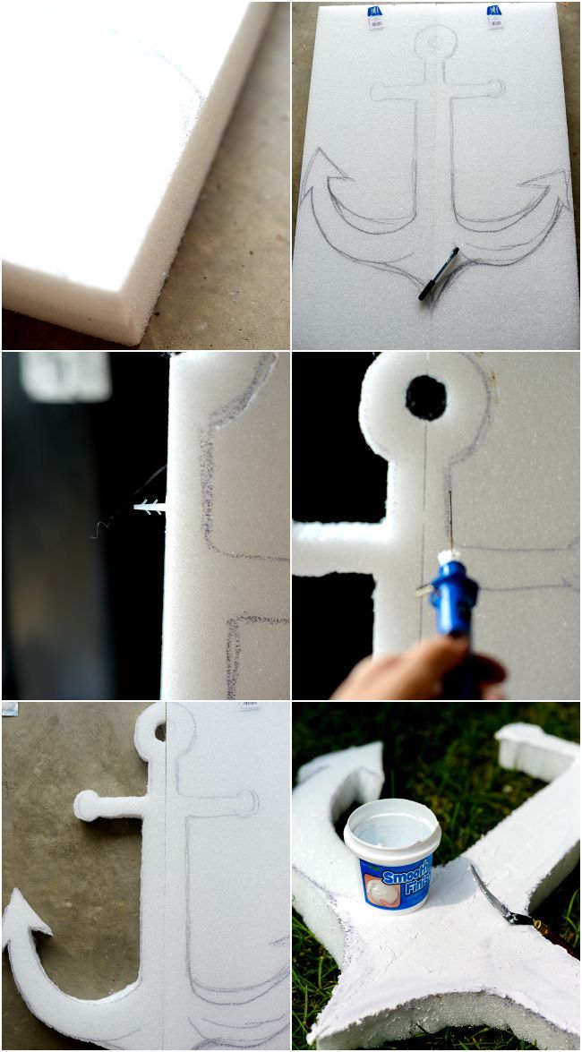 the process for making an anchor is shown in four different pictures, including paint and foam