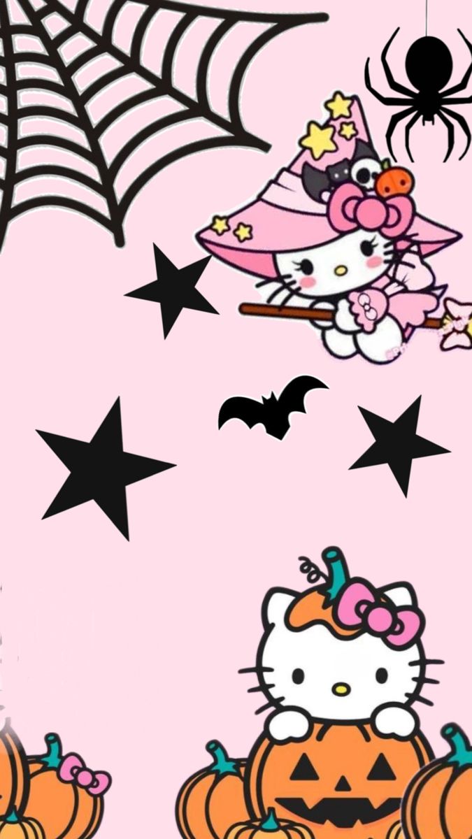 hello kitty halloween wallpaper with pumpkins, spider web and cat on pink background