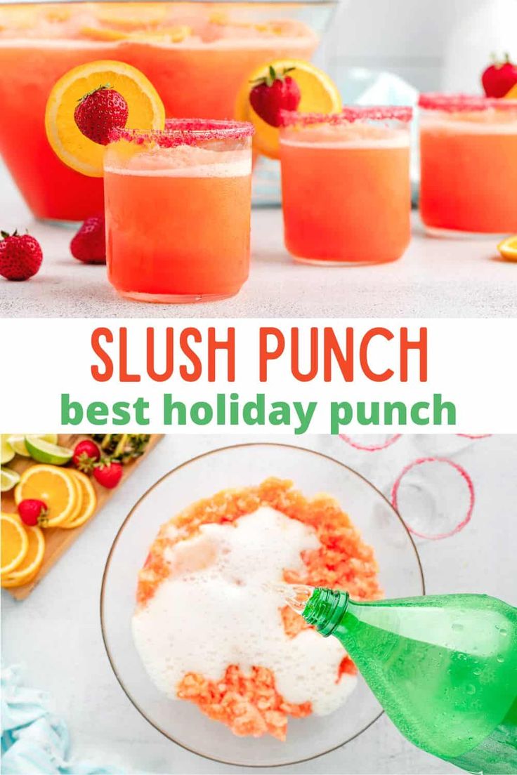 the best holiday punch recipe is made with slushy punch, orange juice and fresh strawberries