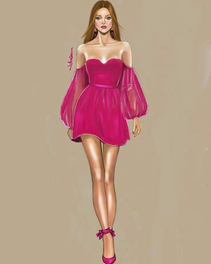 a drawing of a woman in a short pink dress with sheer sleeves and high heels