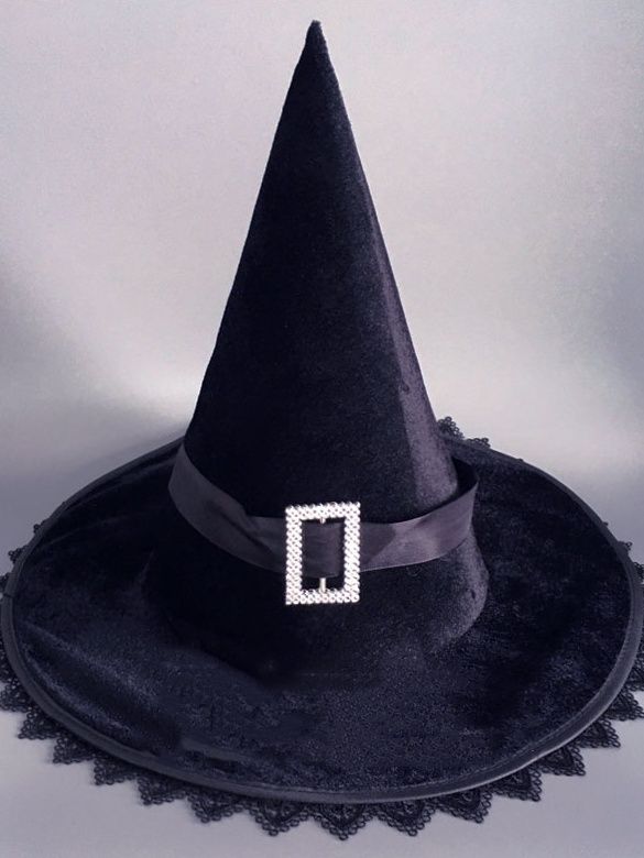 The whole of this hat is black. It is very suitable for people to wear on Halloween day.  This price is for a witch hat only. Black Witchy Hat For Halloween, Gothic Wide Brim Party Hat, Spooky Black Costume Hat, Black Gothic Hat For Costume, Gothic Black Brimmed Costume Hat, Gothic Halloween Party Hat, Witchy Hats For Halloween Costume Party, Black Brimmed Hat For Halloween, Witchy Halloween Costume Hats And Headpieces For Party