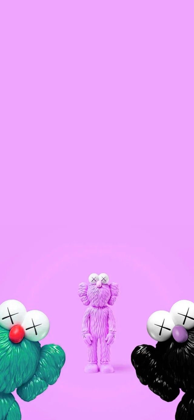 three cartoon characters standing next to each other on a pink background with the same character