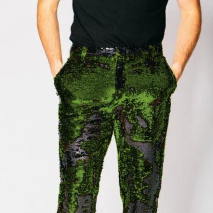 Any Old Iron Gold/Black Sequin Trousers Reversible Kinetic Fabric: Gold To Black Satin Lined Color: Olive Green Straight Pants For Festive Season, Festive Green Straight Pants, Green Straight Pants For Evening, Evening Green Trousers, Green Fitted Pants For Party, Party Fitted Green Pants, Fitted Bottoms For Festive Fall Occasions, Fitted Straight Pants For Festive Occasions, Green Stretch Pants For Party