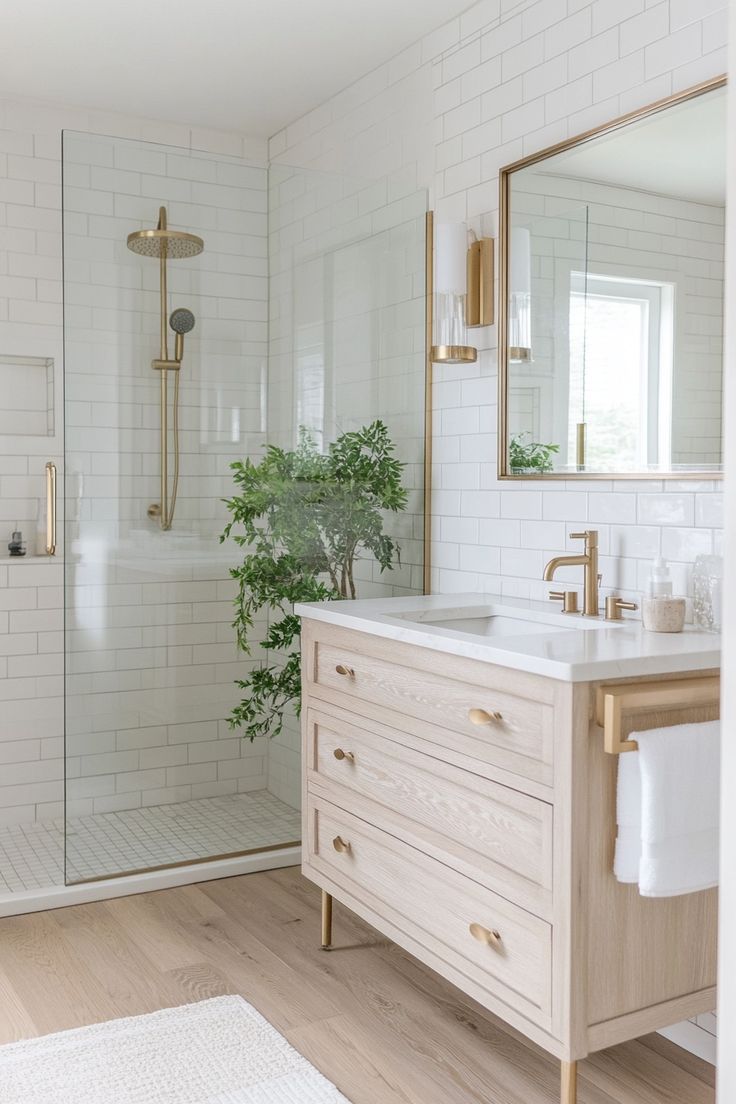 a bathroom with a sink, mirror and shower