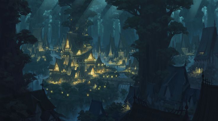 a fantasy city in the middle of a forest at night