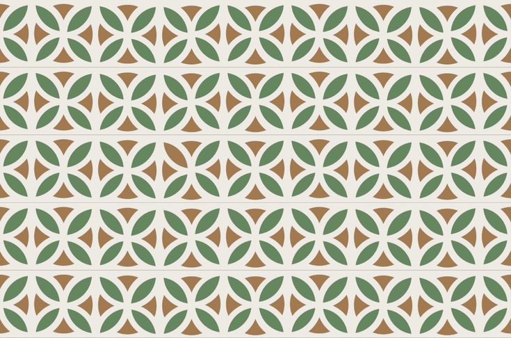 a green and brown geometric pattern with circles on the side, as well as an oval design