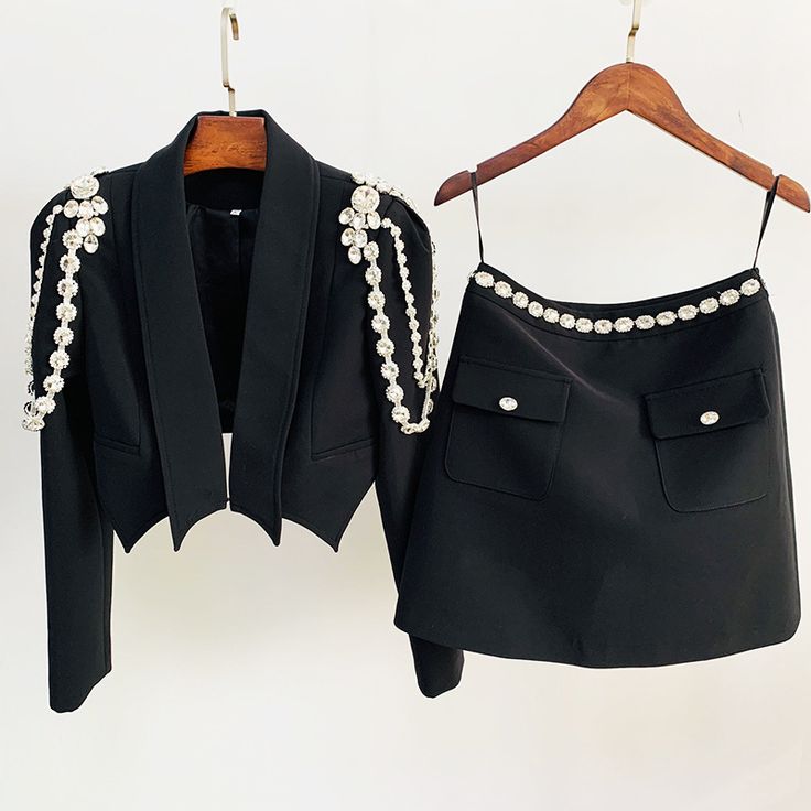 Rhinestone Short Suit Set D066 - Women's Dress Shop. Bandage Dress, Bodycon Dress & Blazer Jewellery Decoration, Blazer With Skirt, Bodycon Suit, Blazer E Short, Skirt Set Two Piece, Short Blazer, Blazer And Skirt Set, 2 Piece Skirt Set, Heavy Industry