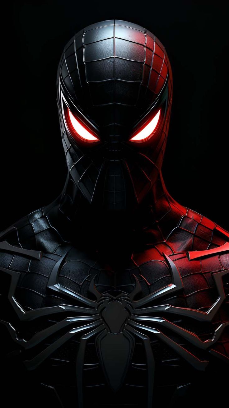 a close up of a spider man in the dark with red eyes and black skin