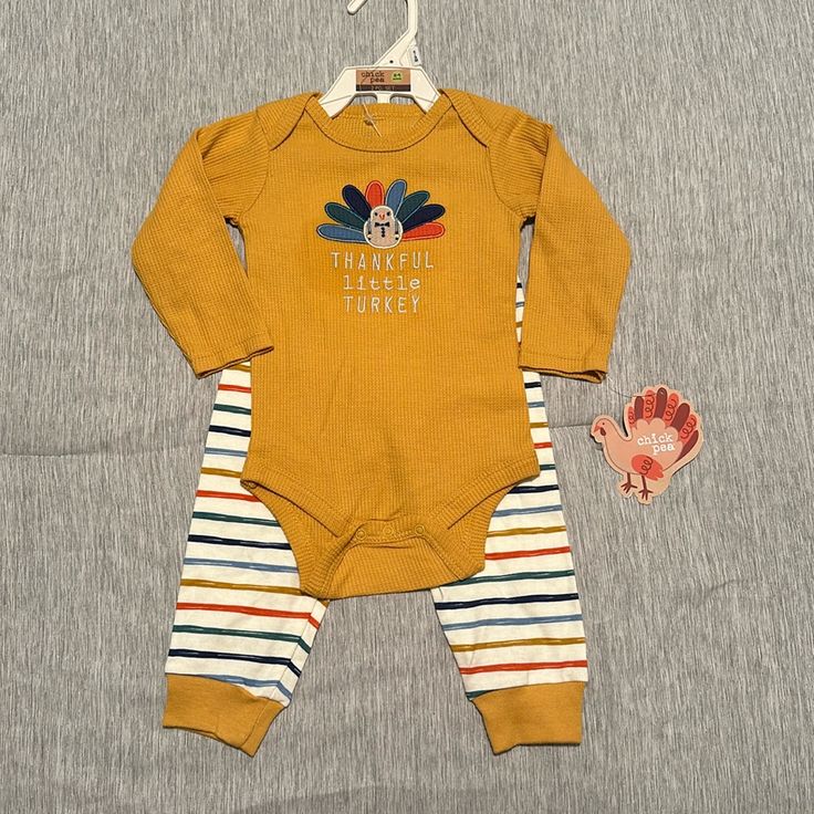 Brand New 6-9 Months Fall/Thanksgiving Baby Outfit Cotton Sets For Playtime In Fall, Fall Onesie For Playwear, Playful Cotton Onesie For Fall, Playful Fall Cotton Onesie, Playful Multicolor Sets For Fall, Cotton Onesie For Playtime In Fall, Fall Playwear Onesie, Playful Fall Playwear For Babies, Yellow Cotton Fall Set