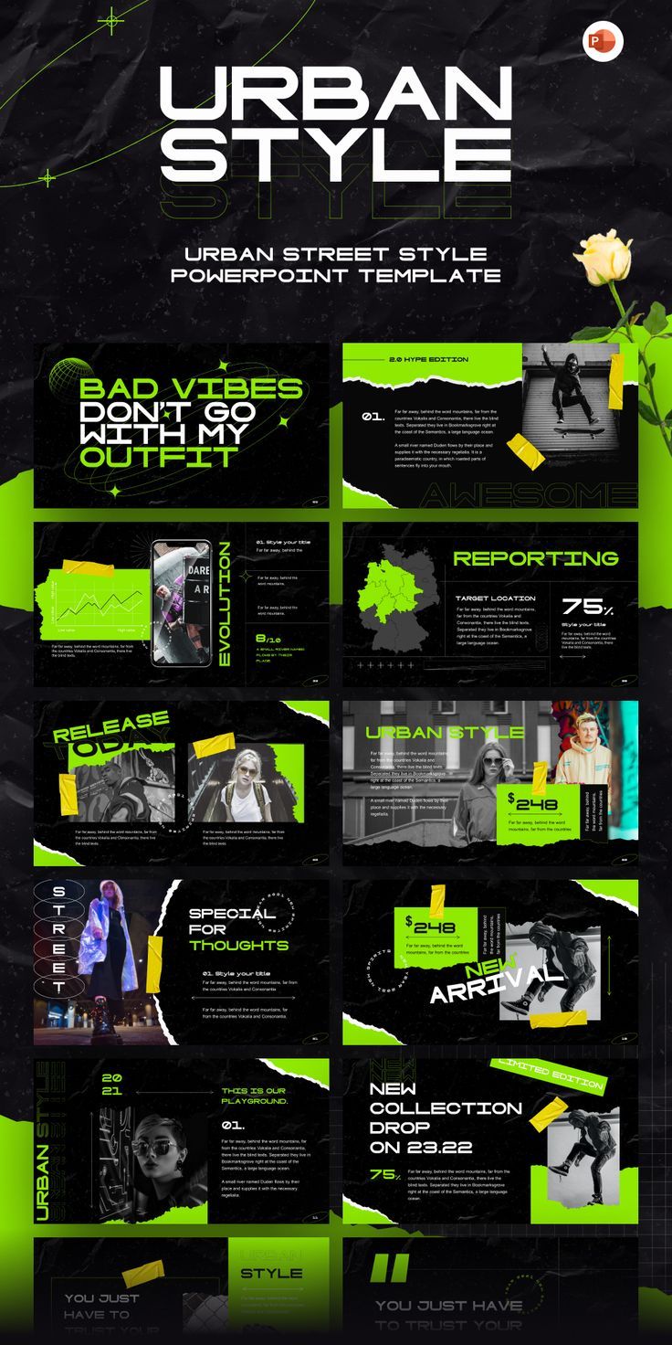 the urban style powerpoint presentation is displayed in green and black colors, with an image of