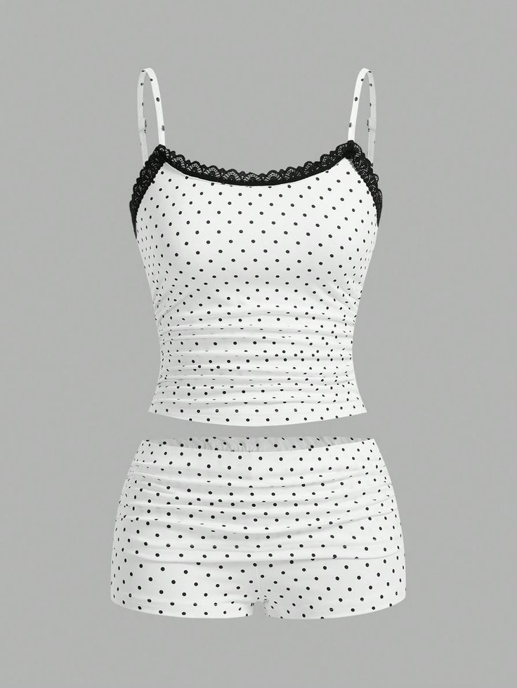 Women's Simple Polka Dot Vest And Shorts Set, Daily Wear Black and White Casual   Polyester,Knitted Fabric Colorblock,Geometric,Polka Dot  Medium Stretch  Women Clothing, size features are:Bust: ,Length: ,Sleeve Length: Sims 4 Cc Clothes Sleepwear Patreon, Cute Pj Sets Shorts, Short Pyjama Set, Cute White Shorts, Daily Clothes For Women, Cute Pajama Sets For Women, Cute Clothes Outfits, Home Clothes Women Summer, Sleep Wear For Women Nightwear