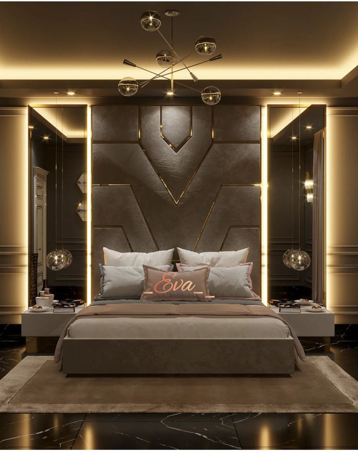 a modern bedroom with black walls and gold accents on the headboard, along with an upholstered bed