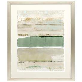 an abstract painting with green, beige and white stripes in a frame on the wall