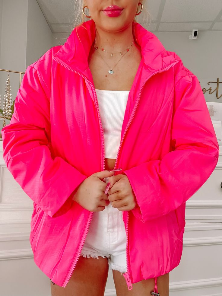 The Zip and Zap Jacket from Sassy Shortcake is a Neon Pink puffer jacket. She features pockets, a drawstring hemline, and a zip-up front. Model wearing a size small. Lined. content: 100% polyester Sassy Shortcake, Preppy Jacket, Pink Puffer Jacket, Bath Stuff, Pink Sherpa, High School Outfits, Pink Vibes, Jar Gifts, Pink Jacket