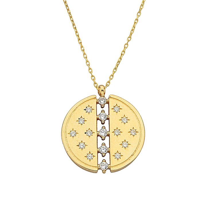 The 14K Gold CZ Disc Necklace offers a delicate medallion design adorned with a sparkling star stone, exuding celestial charm. This versatile piece is perfect for layering and makes an ideal birthday or Mother's Day gift for those who appreciate celestial beauty and elegance. Product Features: * Made to Order: Crafted specifically to your preferences. * Gold KT: 14K Solid Gold (stamped) * Gold Color Options: Choose from Yellow, Rose, or White Gold to suit your preference. * Gold Weight: Approxim Celestial Medallion Necklace For Anniversary, Celestial Necklace, Sparkling Stars, Necklace Layering, Mother Birthday Gifts, Medallion Necklace, Medallion Design, Disc Necklace, Necklace Dainty