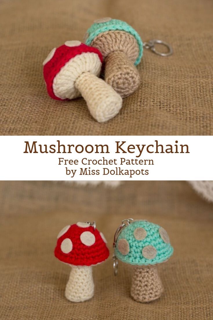 two crocheted keychains with mushrooms on them